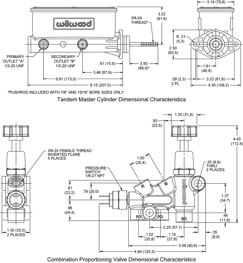 Wilwood Aluminum Tandem M/C Kit with Bracket and Valve Drawing