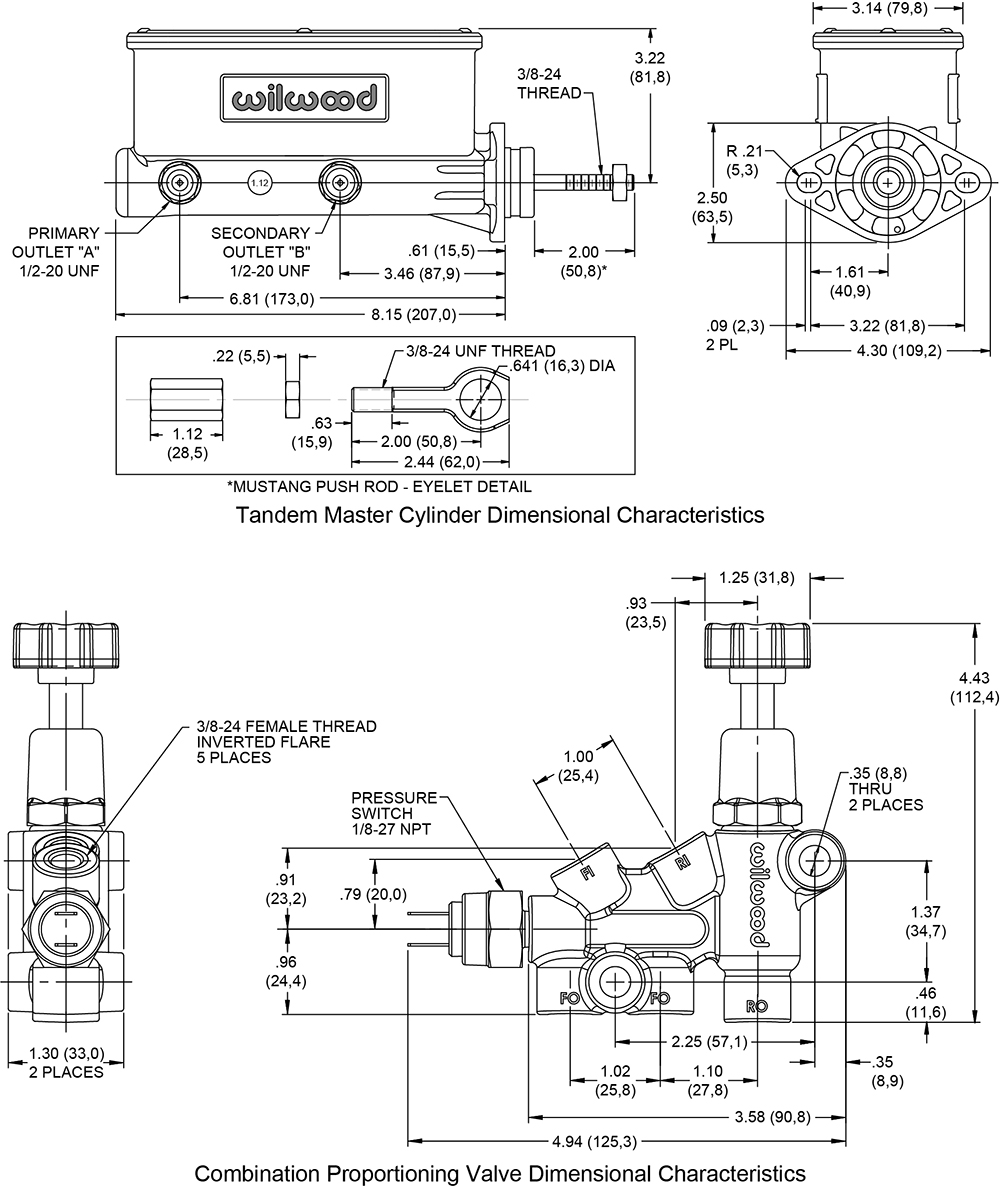 Wilwood Aluminum Tandem M/C w/Bracket and Valve (Mustang) Drawing