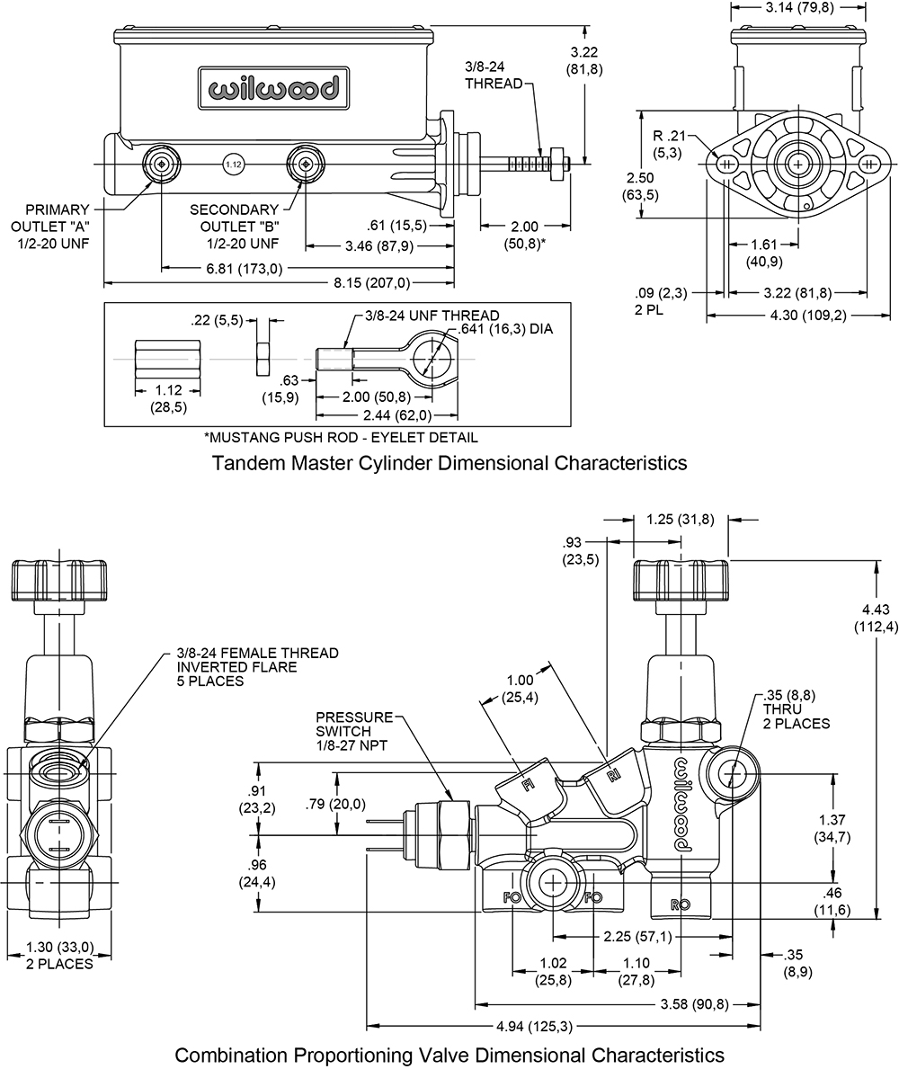 Wilwood Aluminum Tandem M/C w/Bracket and Valve (Mustang) Drawing