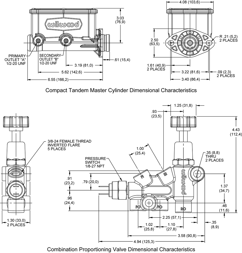 Wilwood Compact Tandem M/C Kit with Bracket and Valve Drawing