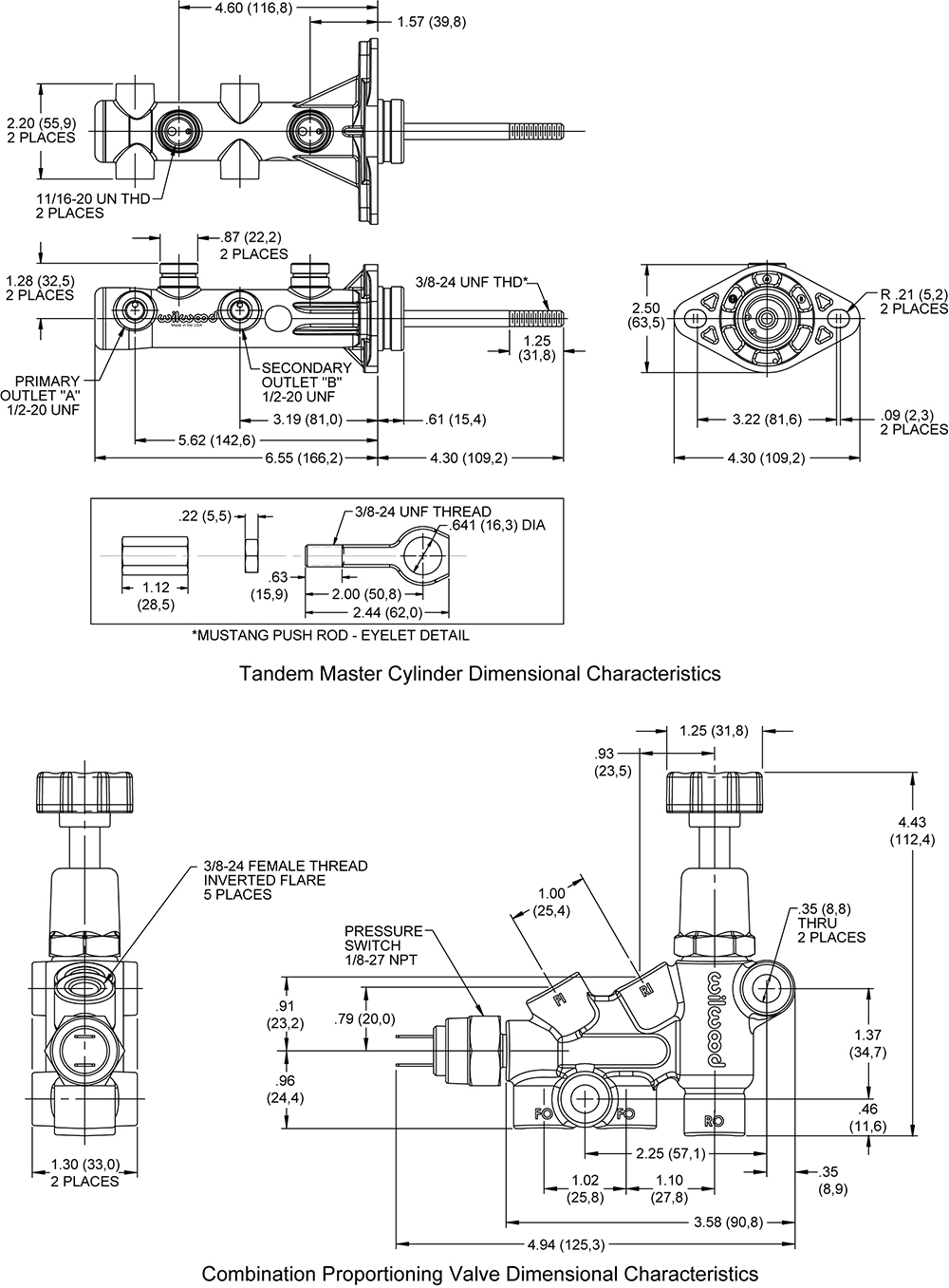 Wilwood Remote Tandem M/C Kit w/Brkt and Valve (Mustang) Drawing