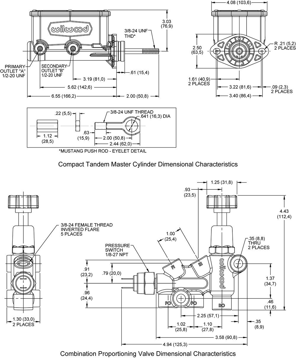 Wilwood Compact Tandem M/C w/Bracket and Valve (Mustang) Drawing