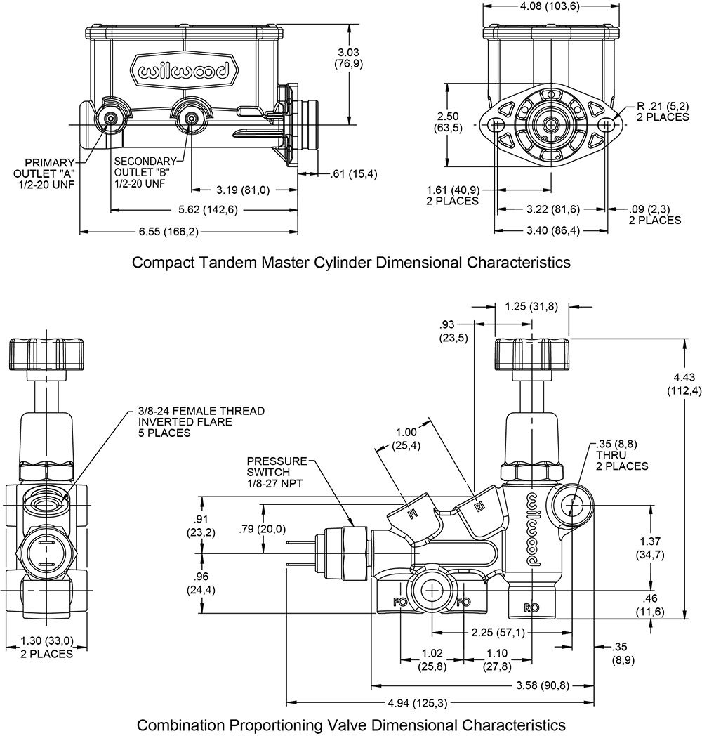 Wilwood Compact Tandem M/C Kit with RH Bracket and Valve Drawing