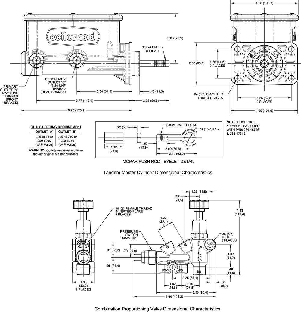 Wilwood Compact Tandem M/C w/Brkt, Valve and Push (Mopar) Drawing