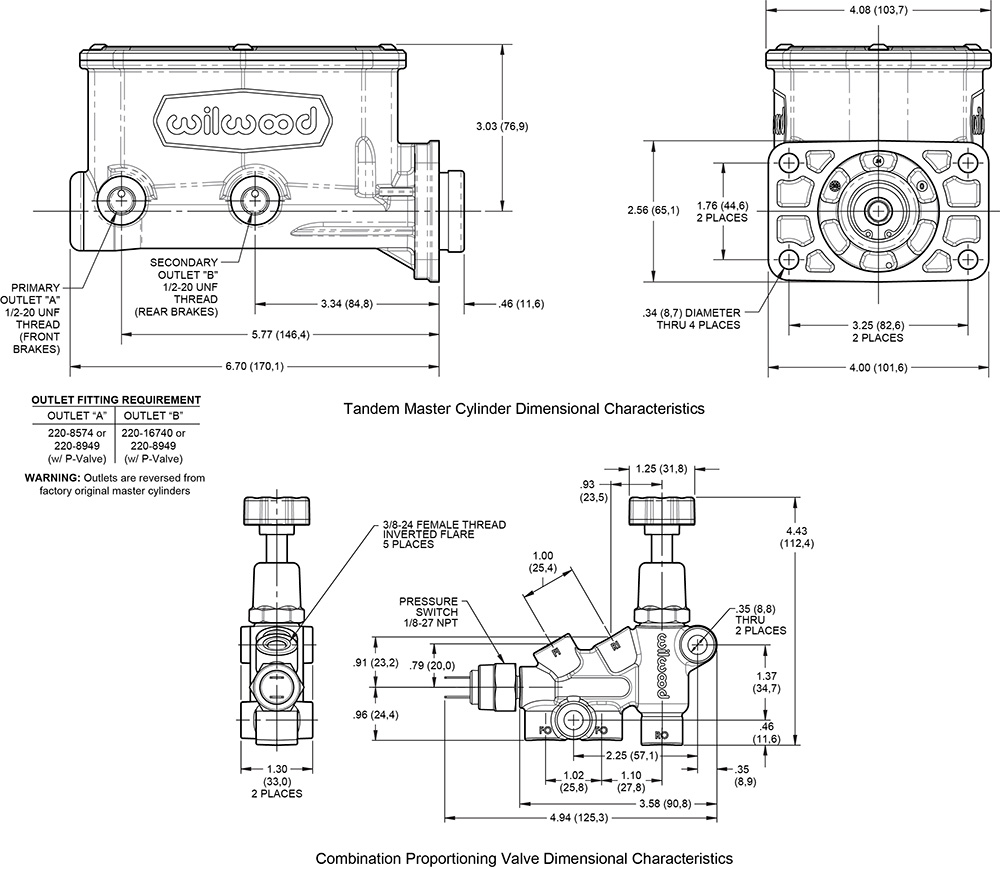 Wilwood Compact Tandem M/C Kit with Brkt and Valve (Mopar) Drawing