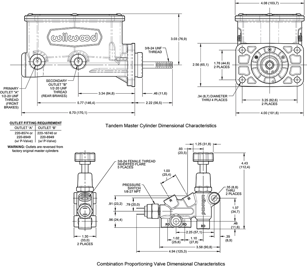 Wilwood Compact Tandem M/C Kit with Brkt and Valve (Mopar) Drawing