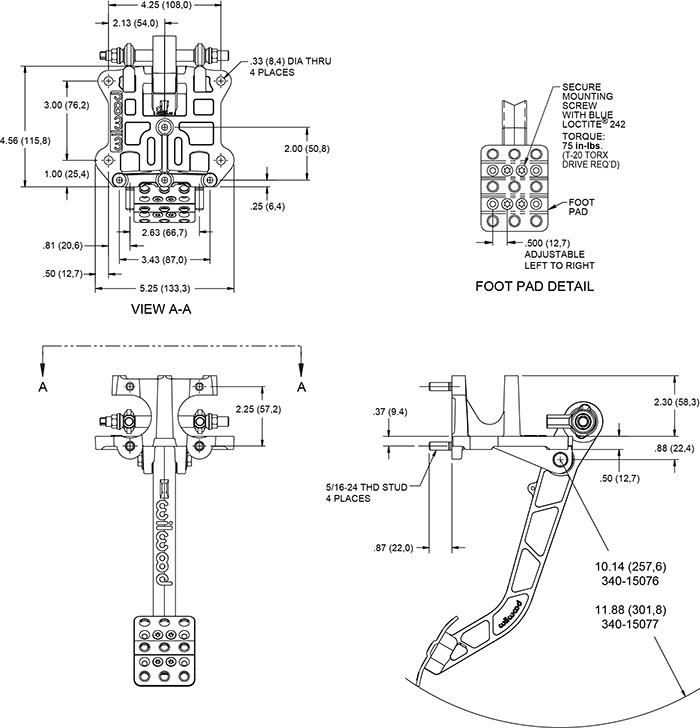 Reverse Swing Mount Tru-Bar Brake Pedal Drawing