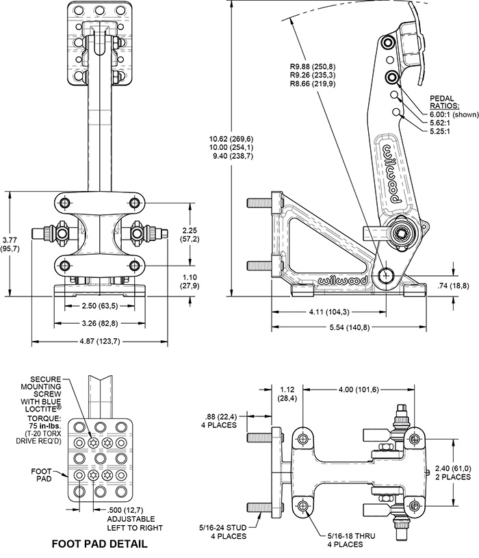Swing Mount Dual Master Cylinder Tru-Bar Wilwood 340-15079 Brake Pedal 