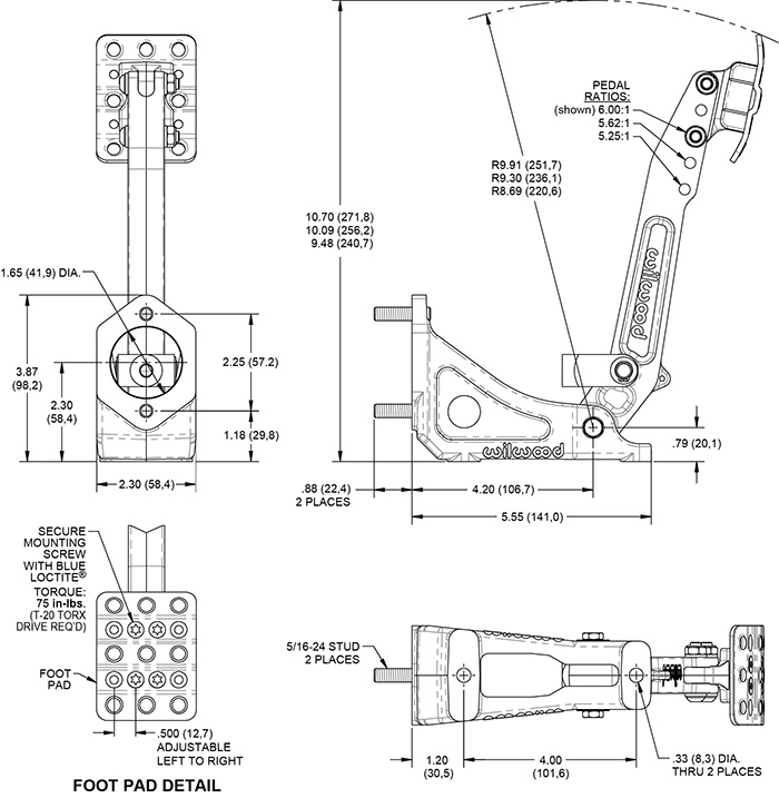 Floor Mount Clutch / Brake Pedal-Adjustable Ratio Drawing