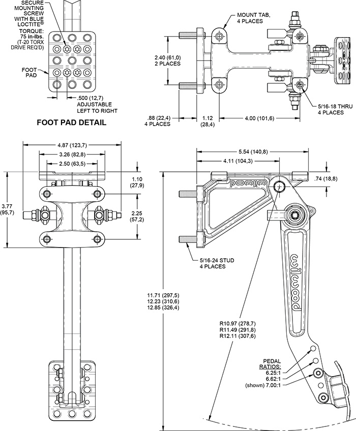 Swing Mount Tru-Bar Brake Pedal-Adjustable Ratio Drawing