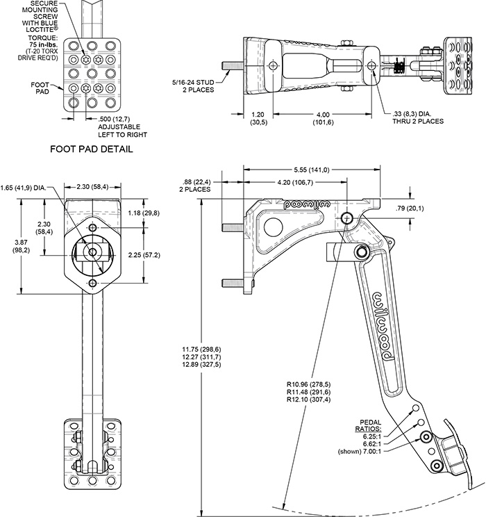 Swing Mount Clutch / Brake Pedal-Adjustable Ratio Drawing