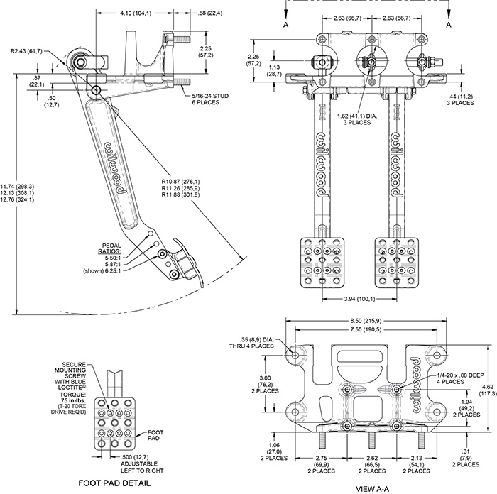 Rev Swing Mnt Tru-Bar Brake and Clutch Pedal-Adj Drawing