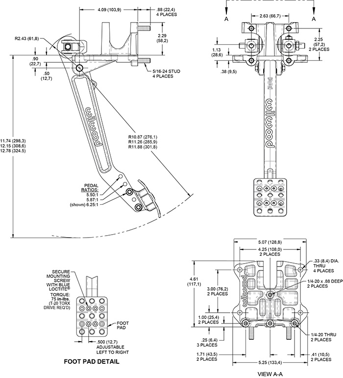 Reverse Swing Mount Brake Pedal-Adj Ratio Drawing