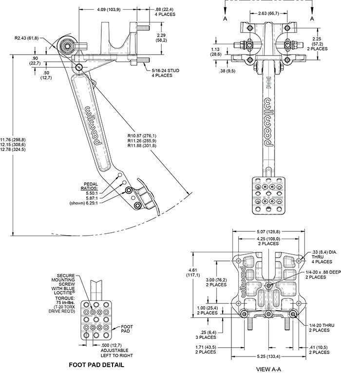 Reverse Swing Mount Tru-Bar Brake Pedal-Adj Ratio Drawing