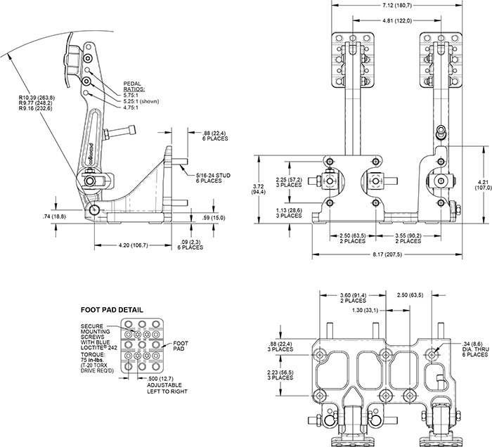 Floor Mount Brake and Clutch Pedal-Adj Ratio Drawing