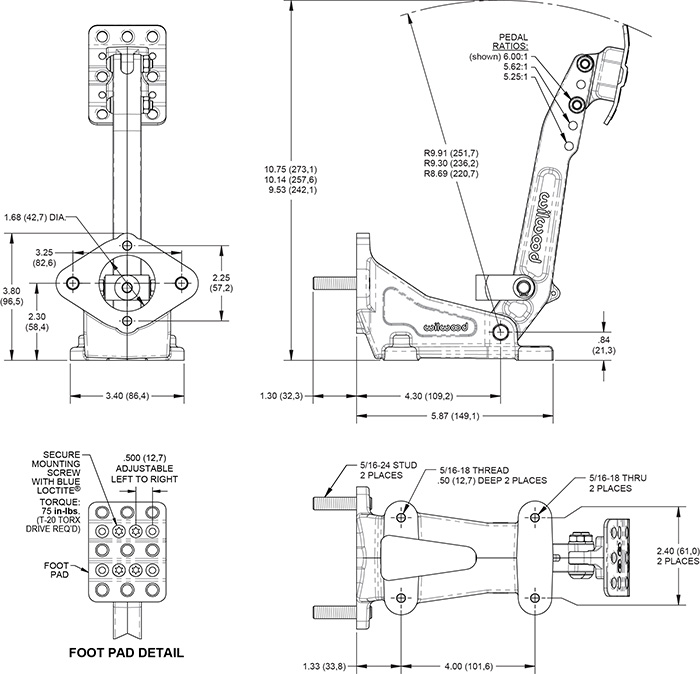 Floor Mount Tandem M/C Brake Pedal-Adj Ratio Drawing