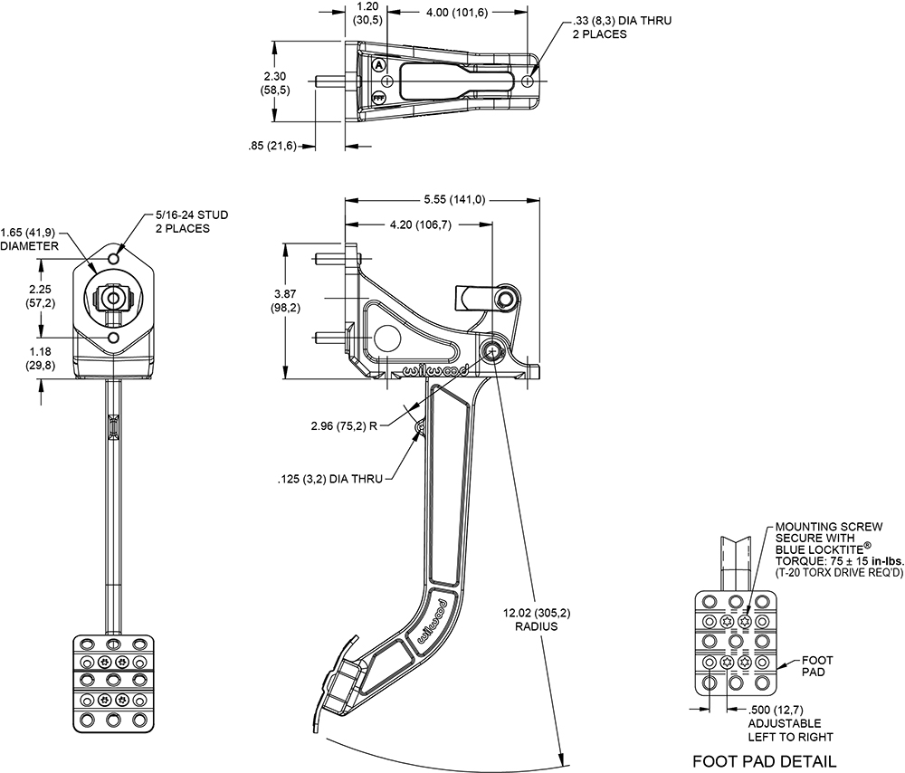 To use this pedal with a horizontal mount flange tandem outlet master cylinder, order adapter kit part number 250-3677. Drawing