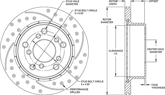 SRP Drilled Performance Rotor & Hat Drawing