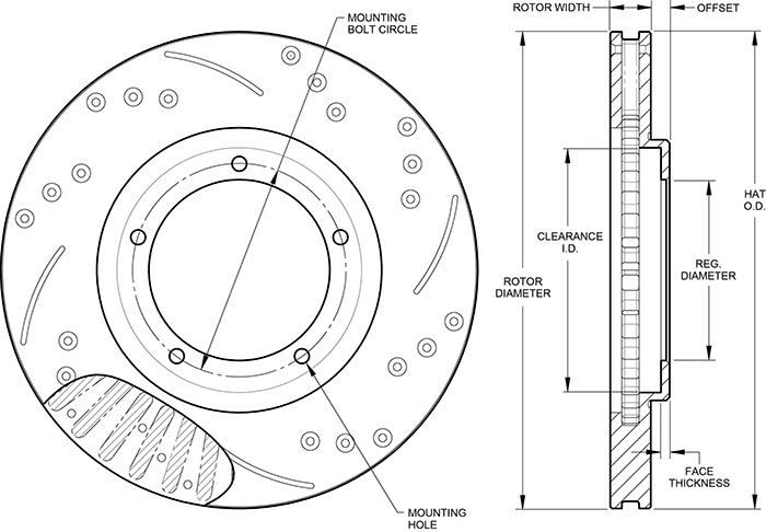 SRP Drilled Performance Rotor & Hat Drawing