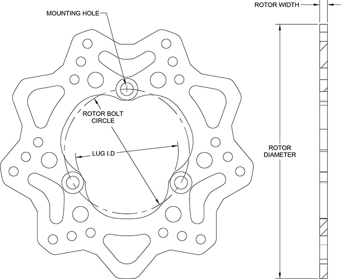 Drilled Steel Scalloped Rotor Dimension Diagram
