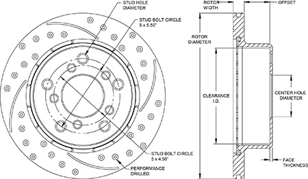 SRP Drilled Performance Rotor & Hat Dimension Diagram